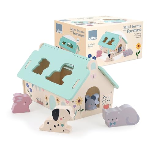 VILAC - Mini Bauernhof der Formen – Sarah Betz – Spielzeug für Kleinkinder – 1 Box mit hausgemachten Formen + 4 Tiere aus Holz: Hund, Kaninchen, Katze und Maus. – Erlebnisspiele – ab 2 Jahren – 7119 von Vilac
