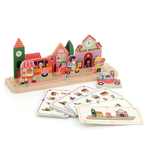VILAC - Oussassplass Die Stadt – Ingela P.Arrhenius – 9 Teile aus Holz + 60 Spielkarten mit skalierbaren Schwierigkeitsstufen – Lernspiele für Kinder aus Holz – ab 3 Jahren – 7627 von Vilac