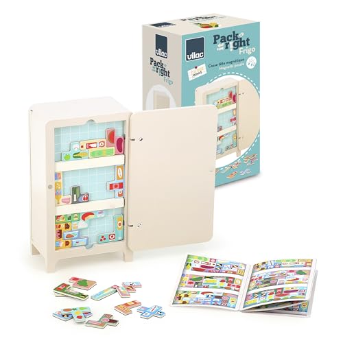VILAC - Pack it Right Kühlschrank – Ingela P. Arrhenius – Kreativspiele – 1 Kühlschrank aus Holz + 21 magnetische Teile + 2 magnetische Holzablagen – Spiele aus Holz – ab 5 Jahren – 7640 von VILAC