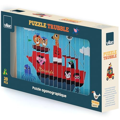 VILAC Puzzle Trubble Les transports – Ingela P.Arrhenius – Puzzles – 1 Ständer aus Holz + 20 Holzstäbchen auf allen 4 Seiten illustriert – Holzspiele – ab 5 Jahren – 7639 von Vilac