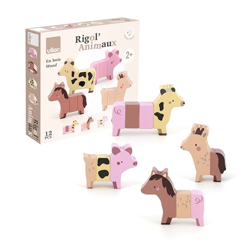 VILAC - Rigol'animos Bauernhof – Sarah Betz – Spielzeug für Kleinkinder – 4 magnetische Bauernhoftiere aus Holz zum Zusammensetzen (insgesamt 12 Teile) – ab 2 Jahren – 7116 von Vilac