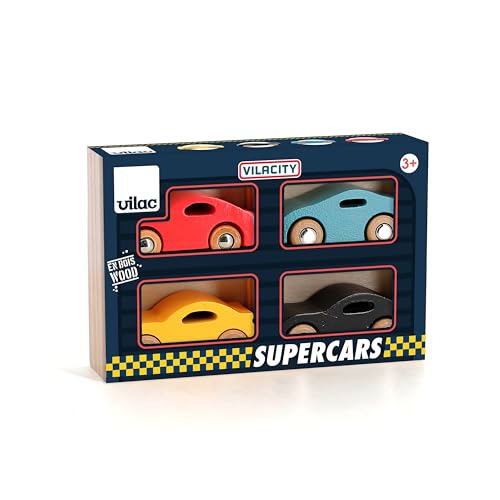 VILAC - Set mit 4 Autos Super Cars – Auto und Garage aus Holz – 4 Super Cars + 1 Aufbewahrungsbox aus Holz – Lernspiele für Kinder aus Holz – ab 3 Jahren – 2369 von Vilac