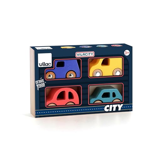 VILAC - Set mit 4 City-Autos – Auto und Garage aus Holz – 4 Autos aus Holz Modell City – Erlebnisspiele für Kinder aus Holz – Spielzeug für Kinder ab 3 Jahren – 2370 von Vilac