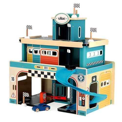 VILAC - Vintage-Garage – Auto und Garage aus Holz – 1 Garage aus Holz + 1 Auto aus Holz – Lernspiele für Kinder aus Holz – Spielzeug für Kinder ab 3 Jahren – 2351 von Vilac