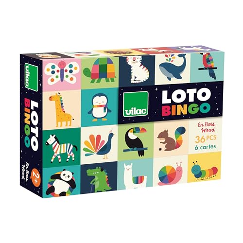 Vilac - Loto Tiere von Andy Westface – Holzspiel für Kinder ab 2 Jahren – bereichert den Wortschatz und erkennt die Tiere – enthält 6 Loto-Karten aus Karton und 36 bunte Holzteile Vilac - Loto Tiere von Andy Westface – Holzspiel für Kinder ab 2 Jahren – bereichert den Wortschatz und erkennt die Tiere – enthält 6 Loto-Karten aus Karton und 36 bunte Holzteile von Vilac