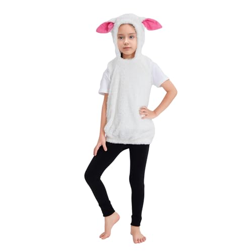 Villagepageme Tierkostüm für Kinder, Uni, Fleece, Kapuzenweste, niedliches Schaf-Kostüm für Jungen und Mädchen (Weiß, 4-5 Jahre) von Villagepageme