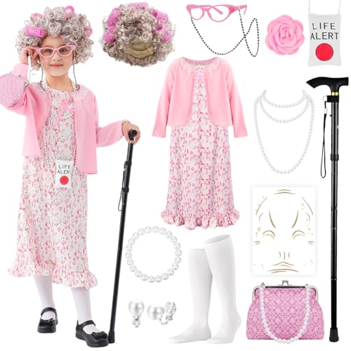 100 Days of School Old Lady Kostüm-Set, Oma Verkleidung, Cosplay, Zubehör für Mädchen, 13-teilig, Rosa, Größe M von VillbeCoser