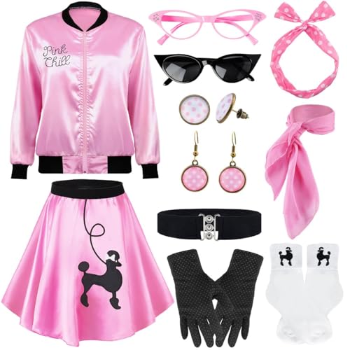 1950er Jahre Polka Dot Rosa Satin Jacke Set mit Zubehör Vintage Inspired 50s Style Rock Halloween Cosplay, Pink, XL von VillbeCoser