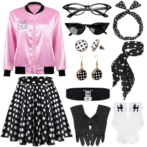 1950er Jahre Polka Dot Rosa Satin Jacke Set mit Zubehör Vintage Inspired 50s Style Rock Halloween Cosplay, Schwarz, L 1950er Jahre Polka Dot Rosa Satin Jacke Set mit Zubehör Vintage Inspired 50s Style Rock Halloween Cosplay, Schwarz, L von VillbeCoser
