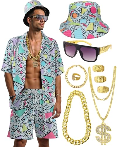 80er 90er Jahre Outfit für Herren, Hip-Hop-Kostüm, Knopfleiste, Bluse, Tops, Disco, Retro, Motto-Party, Outfit, Hawaii, Vintage, Hellblau, L von VillbeCoser