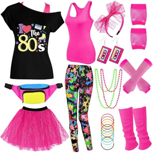 80er Jahre Outfit Damen Kostüm Zubehör Set, T-Shirt Tank Top Leggings Tutu Rock Fanny Pack für Halloween, 80er Jahre Neon Party, Bunte Leggings, rosa Weste, Large 80er Jahre Outfit Damen Kostüm Zubehör Set, T-Shirt Tank Top Leggings Tutu Rock Fanny Pack für Halloween, 80er Jahre Neon Party, Bunte Leggings, rosa Weste, Large von VillbeCoser