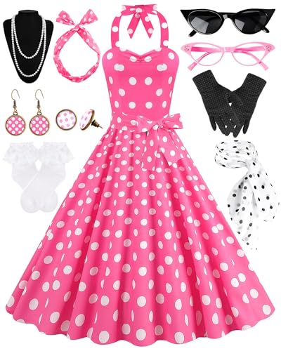 Damen 1950er Polka Dress Set Audrey Vintage Inspired Cocktail Neckholder Swing Kleid mit Zubehör 10PCS, Pink, L von VillbeCoser