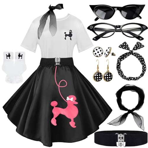Socken-Hop-Outfits für Damen, 1950er-Jahre-Pudel-Röcke, Pudel-T-Shirt mit 50er-Jahre-Zubehör, Socken, Schal, Stirnband, Gürtel, Ohrring, 10 Stück, BlackRose, L Socken-Hop-Outfits für Damen, 1950er-Jahre-Pudel-Röcke, Pudel-T-Shirt mit 50er-Jahre-Zubehör, Socken, Schal, Stirnband, Gürtel, Ohrring, 10 Stück, BlackRose, L von VillbeCoser