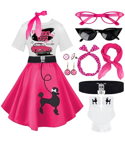 Socken-Hop-Outfits für Damen, 1950er-Jahre-Pudel-Röcke, Pudel-T-Shirt mit 50er-Jahre-Zubehör, Socken, Schal, Stirnband, Gürtel, Ohrring, 10 Stück, Hot Pink-Sockhop, XL Socken-Hop-Outfits für Damen, 1950er-Jahre-Pudel-Röcke, Pudel-T-Shirt mit 50er-Jahre-Zubehör, Socken, Schal, Stirnband, Gürtel, Ohrring, 10 Stück, Hot Pink-Sockhop, XL von VillbeCoser