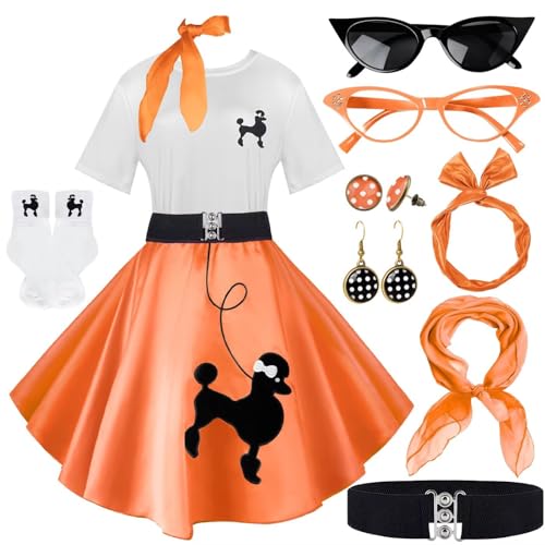 Socken-Hop-Outfits für Damen, 1950er-Jahre-Pudel-Röcke, Pudel-T-Shirt mit 50er-Jahre-Zubehör, Socken, Schal, Stirnband, Gürtel, Ohrring, 10 Stück, Orange/Abendrot im Zickzackmuster (Sunset Chevron), M Socken-Hop-Outfits für Damen, 1950er-Jahre-Pudel-Röcke, Pudel-T-Shirt mit 50er-Jahre-Zubehör, Socken, Schal, Stirnband, Gürtel, Ohrring, 10 Stück, Orange/Abendrot im Zickzackmuster (Sunset Chevron), M von VillbeCoser
