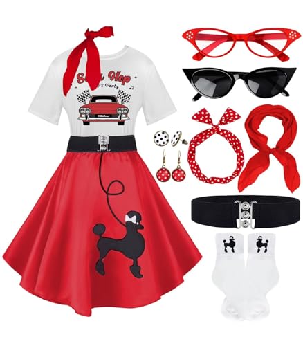 Socken-Hop-Outfits für Damen, 1950er-Jahre-Pudel-Röcke, Pudel-T-Shirt mit 50er-Jahre-Zubehör, Socken, Schal, Stirnband, Gürtel, Ohrring, 10 Stück, Red-Sockhop, L Socken-Hop-Outfits für Damen, 1950er-Jahre-Pudel-Röcke, Pudel-T-Shirt mit 50er-Jahre-Zubehör, Socken, Schal, Stirnband, Gürtel, Ohrring, 10 Stück, Red-Sockhop, L von VillbeCoser