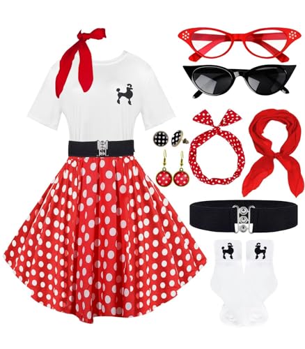 Socken-Hop-Outfits für Damen, 1950er-Jahre-Pudel-Röcke, Pudel-T-Shirt mit 50er-Jahre-Zubehör, Socken, Schal, Stirnband, Gürtel, Ohrring, 10 Stück, Rot-Weiß-Punkt, L Socken-Hop-Outfits für Damen, 1950er-Jahre-Pudel-Röcke, Pudel-T-Shirt mit 50er-Jahre-Zubehör, Socken, Schal, Stirnband, Gürtel, Ohrring, 10 Stück, Rot-Weiß-Punkt, L von VillbeCoser