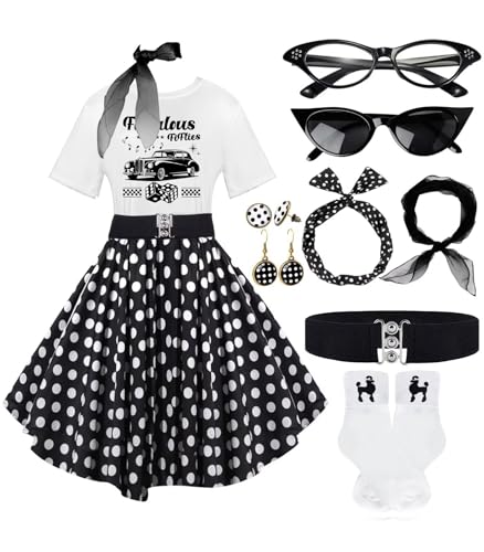 Socken-Hop-Outfits für Damen, 1950er-Jahre-Pudel-Röcke, Pudel-T-Shirt mit 50er-Jahre-Zubehör, Socken, Schal, Stirnband, Gürtel, Ohrring, 10 Stück, Schwarz-Weiß-Punkt-Sockhop, XL Socken-Hop-Outfits für Damen, 1950er-Jahre-Pudel-Röcke, Pudel-T-Shirt mit 50er-Jahre-Zubehör, Socken, Schal, Stirnband, Gürtel, Ohrring, 10 Stück, Schwarz-Weiß-Punkt-Sockhop, XL von VillbeCoser