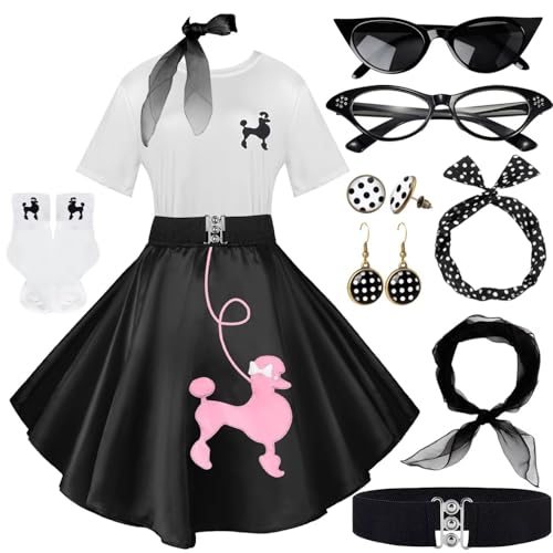 Socken-Hop-Outfits für Damen, 1950er-Jahre-Pudel-Röcke, Pudel-T-Shirt mit 50er-Jahre-Zubehör, Socken, Schal, Stirnband, Gürtel, Ohrring, 10 Stück, Schwarzrosa, L Socken-Hop-Outfits für Damen, 1950er-Jahre-Pudel-Röcke, Pudel-T-Shirt mit 50er-Jahre-Zubehör, Socken, Schal, Stirnband, Gürtel, Ohrring, 10 Stück, Schwarzrosa, L von VillbeCoser