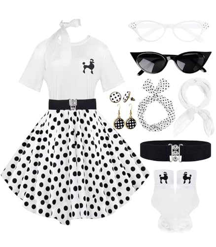Socken-Hop-Outfits für Damen, 1950er-Jahre-Pudel-Röcke, Pudel-T-Shirt mit 50er-Jahre-Zubehör, Socken, Schal, Stirnband, Gürtel, Ohrring, 10 Stück, Weiß-schwarz-gepunktet, S von VillbeCoser