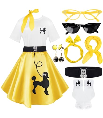 Socken-Hop-Outfits für Damen, 1950er-Jahre-Pudel-Röcke, Pudel-T-Shirt mit 50er-Jahre-Zubehör, Socken, Schal, Stirnband, Gürtel, Ohrring, 10 Stück, gelb, M Socken-Hop-Outfits für Damen, 1950er-Jahre-Pudel-Röcke, Pudel-T-Shirt mit 50er-Jahre-Zubehör, Socken, Schal, Stirnband, Gürtel, Ohrring, 10 Stück, gelb, M von VillbeCoser