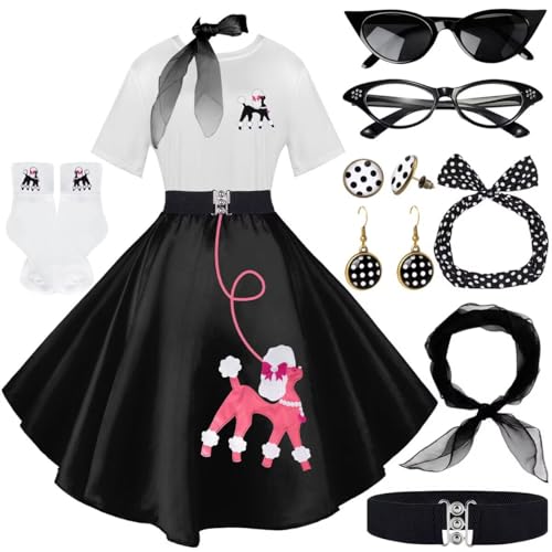 Socken-Hop-Outfits für Damen, 1950er-Jahre-Pudel-Röcke, T-Shirt mit 50er-Jahre-Zubehör, Socken, Schal, Stirnband, Gürtel, Ohrring, 10 Stück, BlackRose, S Socken-Hop-Outfits für Damen, 1950er-Jahre-Pudel-Röcke, T-Shirt mit 50er-Jahre-Zubehör, Socken, Schal, Stirnband, Gürtel, Ohrring, 10 Stück, BlackRose, S von VillbeCoser
