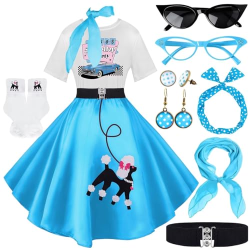 Socken-Hop-Outfits für Damen, 1950er-Jahre-Pudel-Röcke, T-Shirt mit 50er-Jahre-Zubehör, Socken, Schal, Stirnband, Gürtel, Ohrring, 10 Stück, Blue-Sockhop, L Socken-Hop-Outfits für Damen, 1950er-Jahre-Pudel-Röcke, T-Shirt mit 50er-Jahre-Zubehör, Socken, Schal, Stirnband, Gürtel, Ohrring, 10 Stück, Blue-Sockhop, L von VillbeCoser