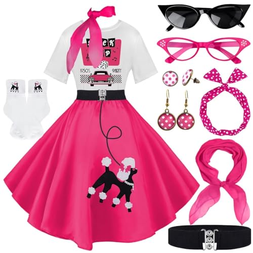 Socken-Hop-Outfits für Damen, 1950er-Jahre-Pudel-Röcke, T-Shirt mit 50er-Jahre-Zubehör, Socken, Schal, Stirnband, Gürtel, Ohrring, 10 Stück, Hot Pink-Sockhop, L Socken-Hop-Outfits für Damen, 1950er-Jahre-Pudel-Röcke, T-Shirt mit 50er-Jahre-Zubehör, Socken, Schal, Stirnband, Gürtel, Ohrring, 10 Stück, Hot Pink-Sockhop, L von VillbeCoser
