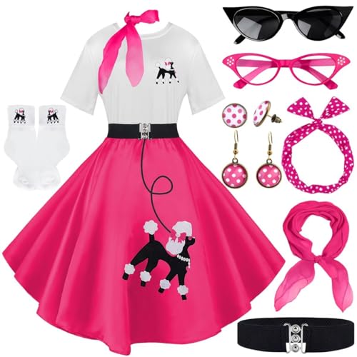 Socken-Hop-Outfits für Damen, 1950er-Jahre-Pudel-Röcke, T-Shirt mit 50er-Jahre-Zubehör, Socken, Schal, Stirnband, Gürtel, Ohrring, 10 Stück, Knallpink (Hot Pink), XXL von VillbeCoser
