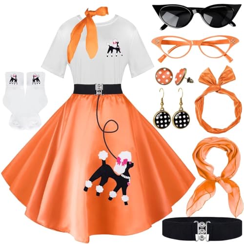 Socken-Hop-Outfits für Damen, 1950er-Jahre-Pudel-Röcke, T-Shirt mit 50er-Jahre-Zubehör, Socken, Schal, Stirnband, Gürtel, Ohrring, 10 Stück, Orange/Abendrot im Zickzackmuster (Sunset Chevron), M von VillbeCoser