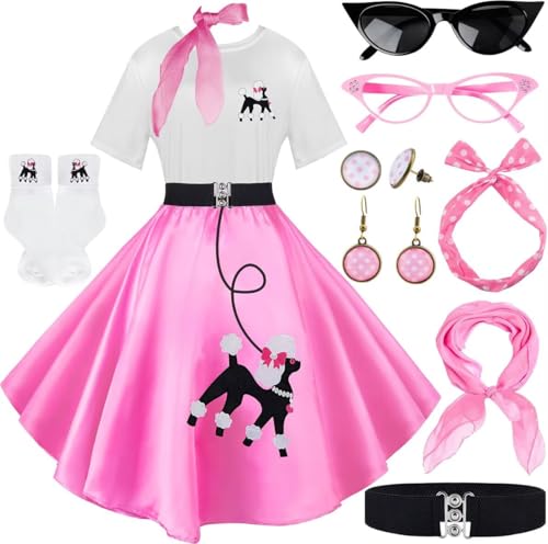 Socken-Hop-Outfits für Damen, 1950er-Jahre-Pudel-Röcke, T-Shirt mit 50er-Jahre-Zubehör, Socken, Schal, Stirnband, Gürtel, Ohrring, 10 Stück, Pink, XXL Socken-Hop-Outfits für Damen, 1950er-Jahre-Pudel-Röcke, T-Shirt mit 50er-Jahre-Zubehör, Socken, Schal, Stirnband, Gürtel, Ohrring, 10 Stück, Pink, XXL von VillbeCoser