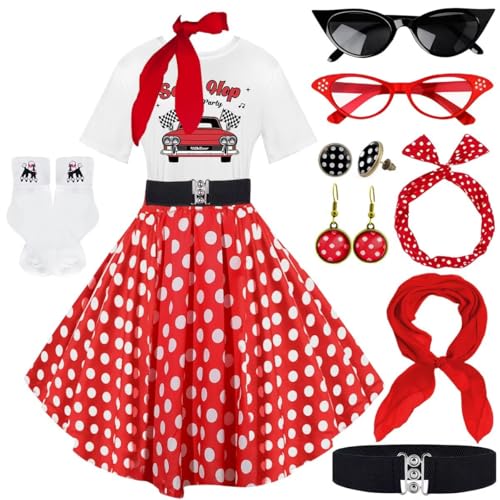 Socken-Hop-Outfits für Damen, 1950er-Jahre-Pudel-Röcke, T-Shirt mit 50er-Jahre-Zubehör, Socken, Schal, Stirnband, Gürtel, Ohrring, 10 Stück, Reddot-Sockhop, XL Socken-Hop-Outfits für Damen, 1950er-Jahre-Pudel-Röcke, T-Shirt mit 50er-Jahre-Zubehör, Socken, Schal, Stirnband, Gürtel, Ohrring, 10 Stück, Reddot-Sockhop, XL von VillbeCoser