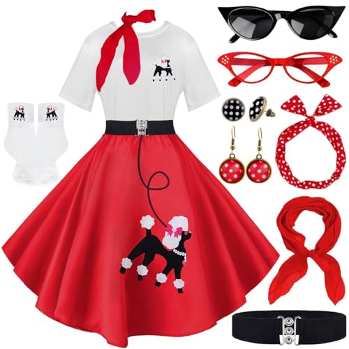 Socken-Hop-Outfits für Damen, 1950er-Jahre-Pudel-Röcke, T-Shirt mit 50er-Jahre-Zubehör, Socken, Schal, Stirnband, Gürtel, Ohrring, 10 Stück, Rot/Ausflug, einfarbig (Getaway Solids), M von VillbeCoser