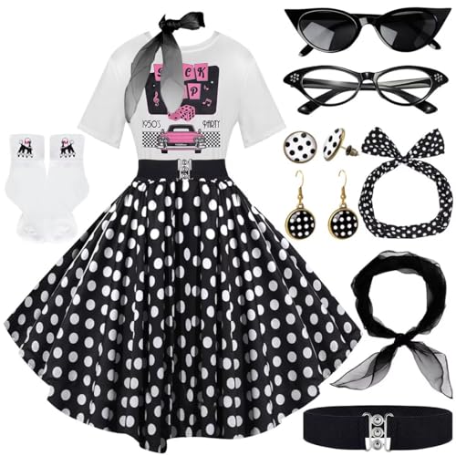 Socken-Hop-Outfits für Damen, 1950er-Jahre-Pudel-Röcke, T-Shirt mit 50er-Jahre-Zubehör, Socken, Schal, Stirnband, Gürtel, Ohrring, 10 Stück, Sockhop-dot, XXL Socken-Hop-Outfits für Damen, 1950er-Jahre-Pudel-Röcke, T-Shirt mit 50er-Jahre-Zubehör, Socken, Schal, Stirnband, Gürtel, Ohrring, 10 Stück, Sockhop-dot, XXL von VillbeCoser