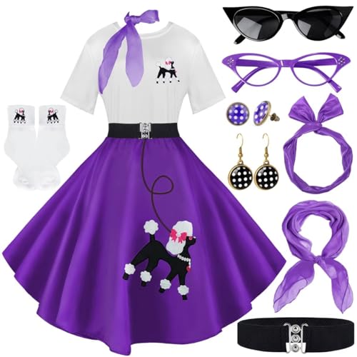 Socken-Hop-Outfits für Damen, 1950er-Jahre-Pudel-Röcke, T-Shirt mit 50er-Jahre-Zubehör, Socken, Schal, Stirnband, Gürtel, Ohrring, 10 Stück, Violett, M Socken-Hop-Outfits für Damen, 1950er-Jahre-Pudel-Röcke, T-Shirt mit 50er-Jahre-Zubehör, Socken, Schal, Stirnband, Gürtel, Ohrring, 10 Stück, Violett, M von VillbeCoser