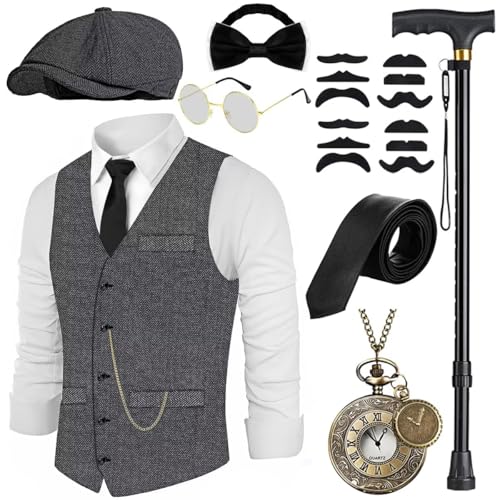 VillbeCoser 1920er Herren-Kostüm, brüllende 20er-Jahre-Kostüme, Zubehör-Set, Weste, faltbare Krücken, Fedora-Hut, Taschenuhr, Krawatte, Dunkelgrau, L VillbeCoser 1920er Herren-Kostüm, brüllende 20er-Jahre-Kostüme, Zubehör-Set, Weste, faltbare Krücken, Fedora-Hut, Taschenuhr, Krawatte, Dunkelgrau, L von VillbeCoser