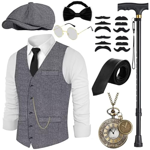 VillbeCoser 1920er Herren-Kostüm, brüllende 20er-Jahre-Kostüme, Zubehör-Set, Weste, faltbare Krücken, Fedora-Hut, Taschenuhr, Krawatte, Lightgrey, M VillbeCoser 1920er Herren-Kostüm, brüllende 20er-Jahre-Kostüme, Zubehör-Set, Weste, faltbare Krücken, Fedora-Hut, Taschenuhr, Krawatte, Lightgrey, M von VillbeCoser