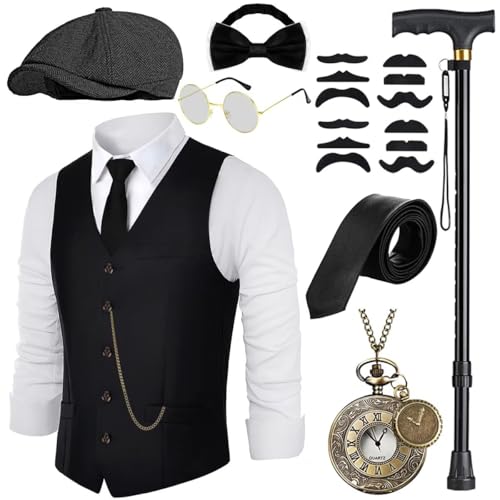 VillbeCoser 1920er Herren-Kostüm, brüllende 20er-Jahre-Kostüme, Zubehör-Set, Weste, faltbare Krücken, Fedora-Hut, Taschenuhr, Krawatte, Schwarze Weste, Baskenmütze, L VillbeCoser 1920er Herren-Kostüm, brüllende 20er-Jahre-Kostüme, Zubehör-Set, Weste, faltbare Krücken, Fedora-Hut, Taschenuhr, Krawatte, Schwarze Weste, Baskenmütze, L von VillbeCoser