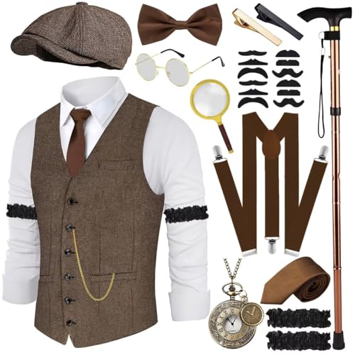 VillbeCoser 1920er Herren Kostüm Brüllende 20er Jahre Kostüme Zubehör Set 1920er Jahre Weste Hosenträger Hut Taschenuhr Krawatte, Braun, M von VillbeCoser