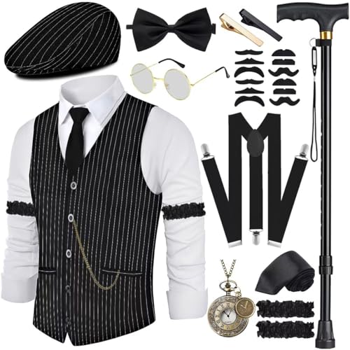 VillbeCoser 1920er Jahre Herren-Kostüm, brüllende 20er-Jahre-Kostüme, Zubehör-Set, 1920er-Jahre-Weste, Hosenträger, Hut, Taschenuhr, Krawatte, Baskenmütze mit Streifenmuster, L VillbeCoser 1920er Jahre Herren-Kostüm, brüllende 20er-Jahre-Kostüme, Zubehör-Set, 1920er-Jahre-Weste, Hosenträger, Hut, Taschenuhr, Krawatte, Baskenmütze mit Streifenmuster, L von VillbeCoser