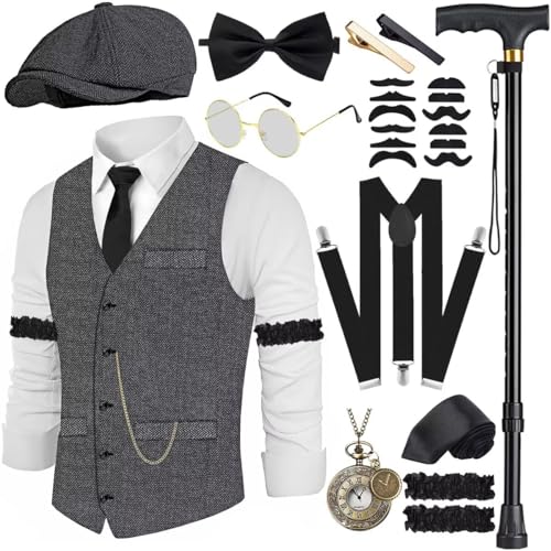 VillbeCoser 1920er Jahre Herren-Kostüm, brüllende 20er-Jahre-Kostüme, Zubehör-Set, 1920er-Jahre-Weste, Hosenträger, Hut, Taschenuhr, Krawatte, Dunkelgrau, XXL von VillbeCoser