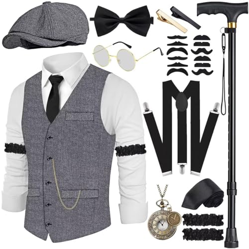 VillbeCoser 1920er Jahre Herren-Kostüm, brüllende 20er-Jahre-Kostüme, Zubehör-Set, 1920er-Jahre-Weste, Hosenträger, Hut, Taschenuhr, Krawatte, Lightgrey, XXL von VillbeCoser
