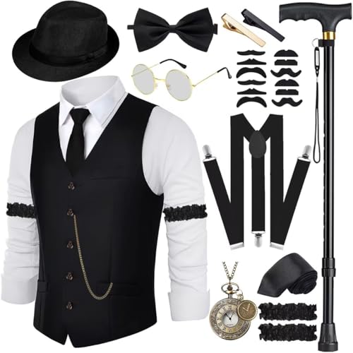 VillbeCoser 1920er Jahre Herren-Kostüm, brüllende 20er-Jahre-Kostüme, Zubehör-Set, 1920er-Jahre-Weste, Hosenträger, Hut, Taschenuhr, Krawatte, Schwarz, XXL von VillbeCoser