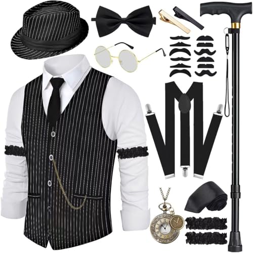VillbeCoser 1920er Jahre Herren-Kostüm, brüllende 20er-Jahre-Kostüme, Zubehör-Set, 1920er-Jahre-Weste, Hosenträger, Hut, Taschenuhr, Krawatte, Schwarz gestreift, L VillbeCoser 1920er Jahre Herren-Kostüm, brüllende 20er-Jahre-Kostüme, Zubehör-Set, 1920er-Jahre-Weste, Hosenträger, Hut, Taschenuhr, Krawatte, Schwarz gestreift, L von VillbeCoser