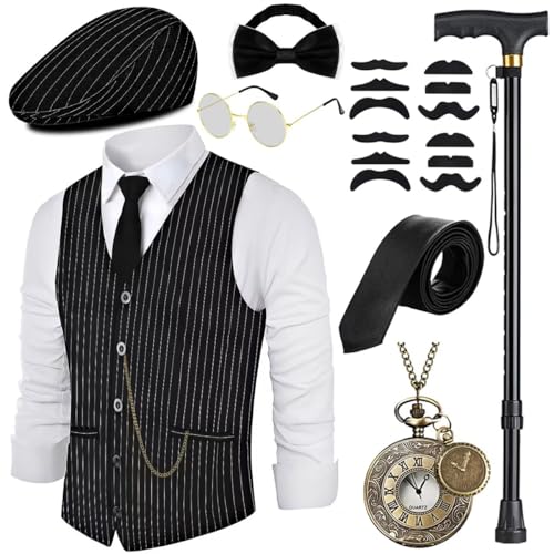 VillbeCoser 1920er-Jahre-Kostüm, brüllende 20er-Jahre-Kostüme, Zubehör-Set, Weste, faltbare Krücken, Fedora-Hut, Vintage-Taschenuhr, Fliege und Krawatte, Gangster-Kostüm, 20er-Jahre-Party-Outfits von VillbeCoser
