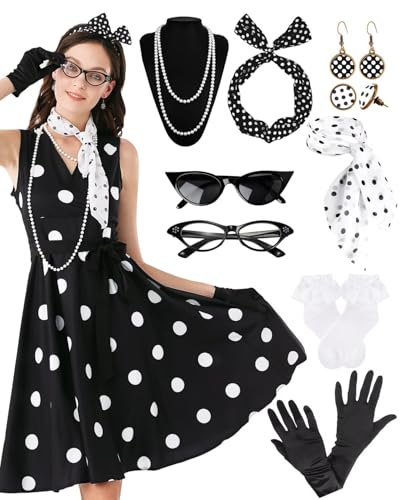 VillbeCoser 1950er Jahre Polka Dots Kleid Frauen Ärmellos Vintage Kleider 50er Jahre Outfits Retro Accessoires Socke Hop Party Kostüm, 01 schwarz/weiße Punkte, S von VillbeCoser