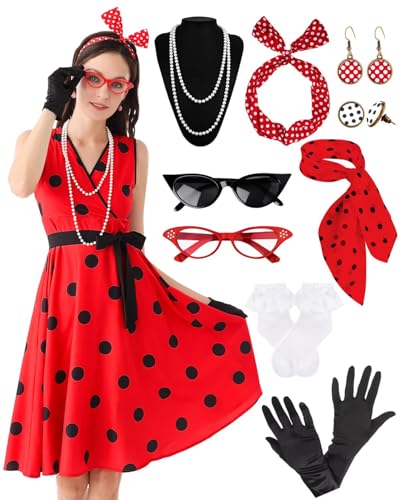 VillbeCoser 1950er Jahre Polka Dots Kleid Frauen Ärmellos Vintage Kleider 50er Jahre Outfits Retro Accessoires Socke Hop Party Kostüm, 01red, S VillbeCoser 1950er Jahre Polka Dots Kleid Frauen Ärmellos Vintage Kleider 50er Jahre Outfits Retro Accessoires Socke Hop Party Kostüm, 01red, S von VillbeCoser