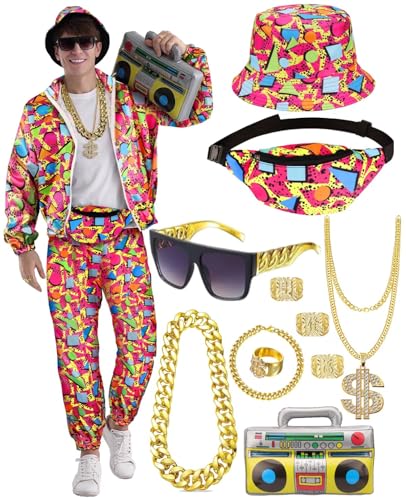 VillbeCoser 80er 90er Jahre Outfit für Herren, Trainingsanzug, Hip-Hop-Hut, Bauchtasche, Ringarmband, Goldkette, Rapper, Sportbekleidung, Rotgelb, 3XL VillbeCoser 80er 90er Jahre Outfit für Herren, Trainingsanzug, Hip-Hop-Hut, Bauchtasche, Ringarmband, Goldkette, Rapper, Sportbekleidung, Rotgelb, 3XL von VillbeCoser