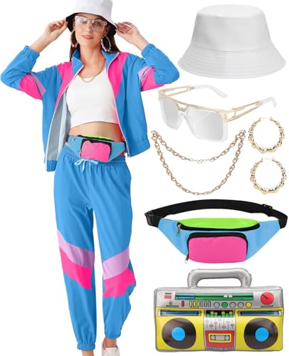 VillbeCoser Damen-Outfit im 80er-/90er-Jahre-Stil, Trainingsanzug, Kostüm-Zubehör-Set, Farbblock-Windbreaker-Jacke (Blau, M) von VillbeCoser