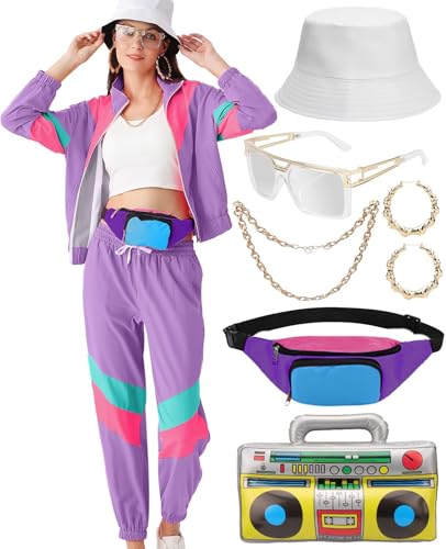 VillbeCoser Damen-Outfit im 80er-/90er-Jahre-Stil, Trainingsanzug, Kostüm-Zubehör-Set, Farbblock-Windbreaker-Jacke (Lila, XL) von VillbeCoser